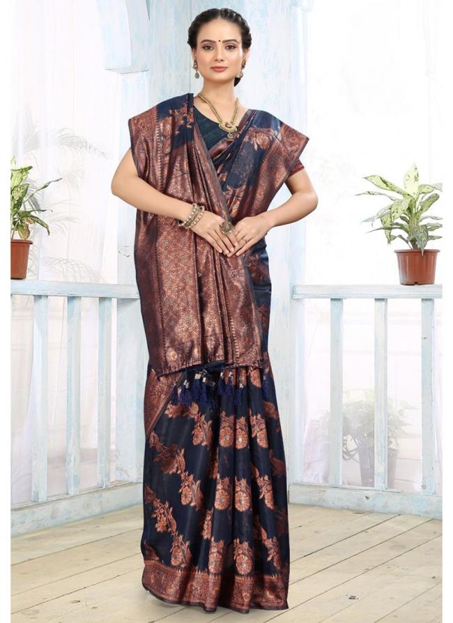 Top Dyed Silk Navy Blue Festival Wear Weaving Saree